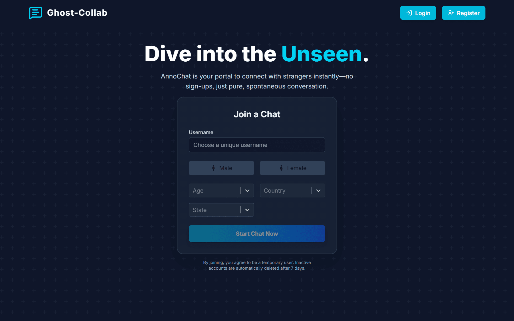 Public homepage screenshot of the GhostCollab chat product