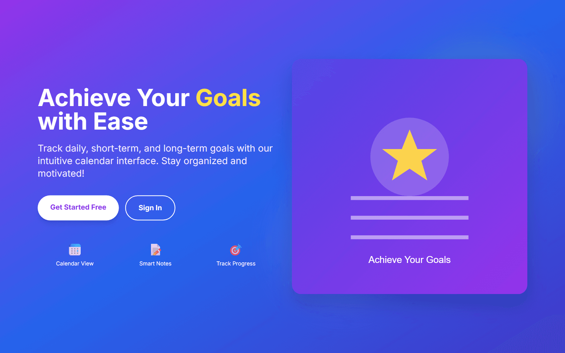 Public homepage screenshot of the Goal Tracker web app